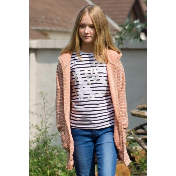 Lányka kapucnis kötött kardigán nyers barack csíkkal